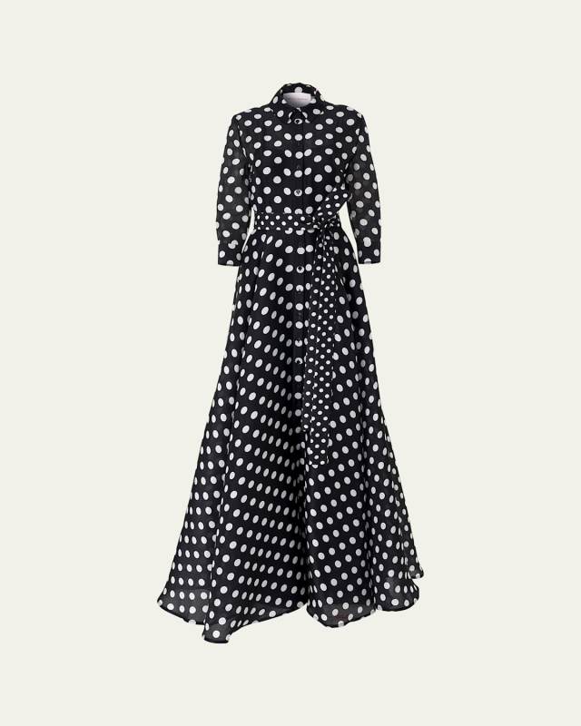 Polka-Dot Silk 3/4-Sleeve Trench Gown